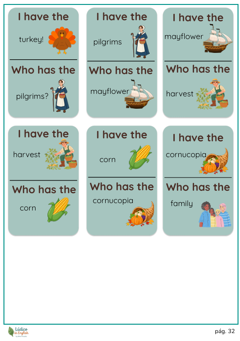 Página de flashcards do jogo I have who has - Thanksgiving